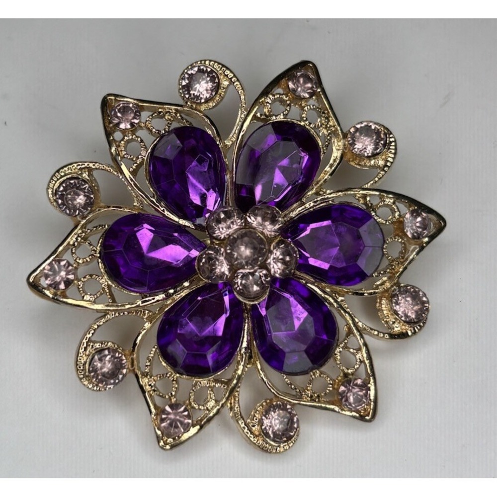 Purple Rhinestone Flower Brooch Gold Tone